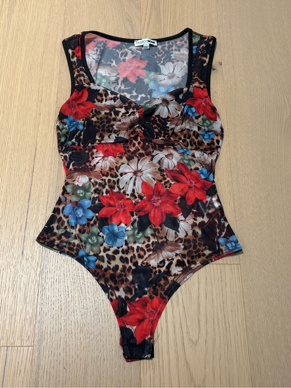Fashion Nova Floral Leopard Print Bodysuit - Red, Blue, Brown